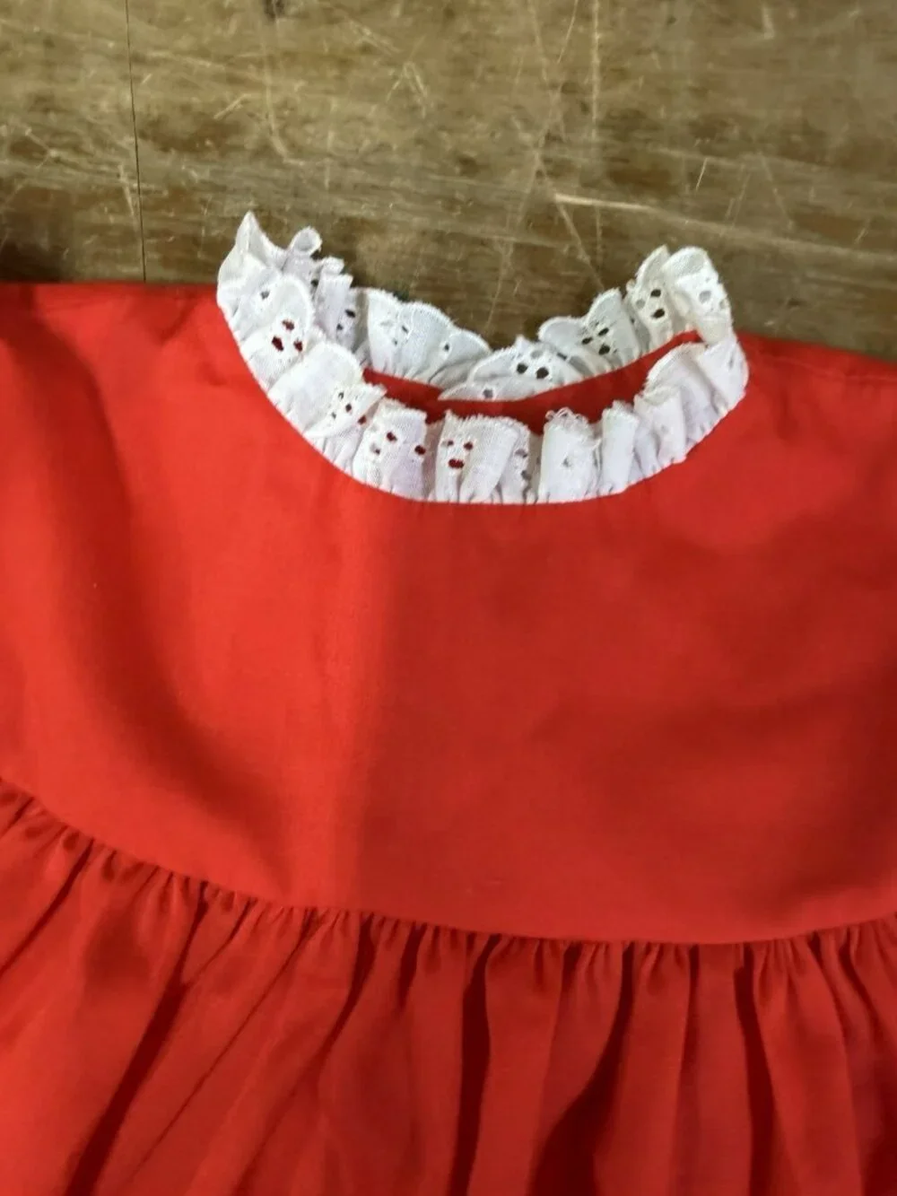 W/ BLOOMERS Vintage 1970s Bryan Red Baby Dress LARGE Fits 6-12M Lace Eyelet Trim